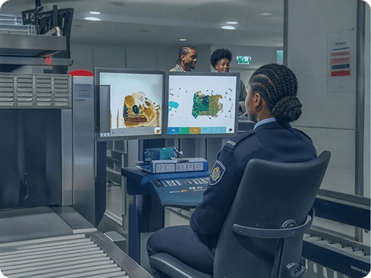 Security personnel monitoring inspection results on a computer